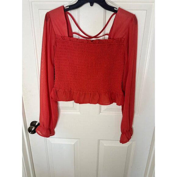 Miss Chievous Coral Smocked Long Sleeve Top With Ruffle Hem & Open Back Size L - Picture 3 of 6